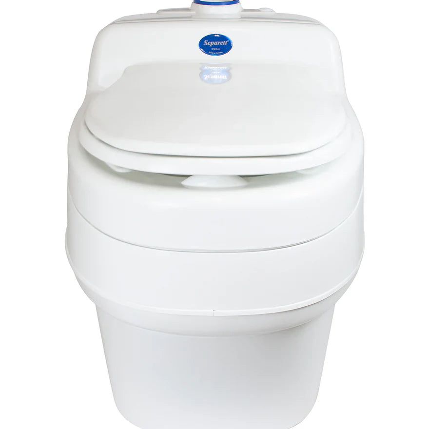 A collection display of Separett composting toilets, waterless, odorless and eco-friendly sanitation supplies, accessories, highlighting sustainable waste management solutions. for cabins, homes, RVs, and marines.