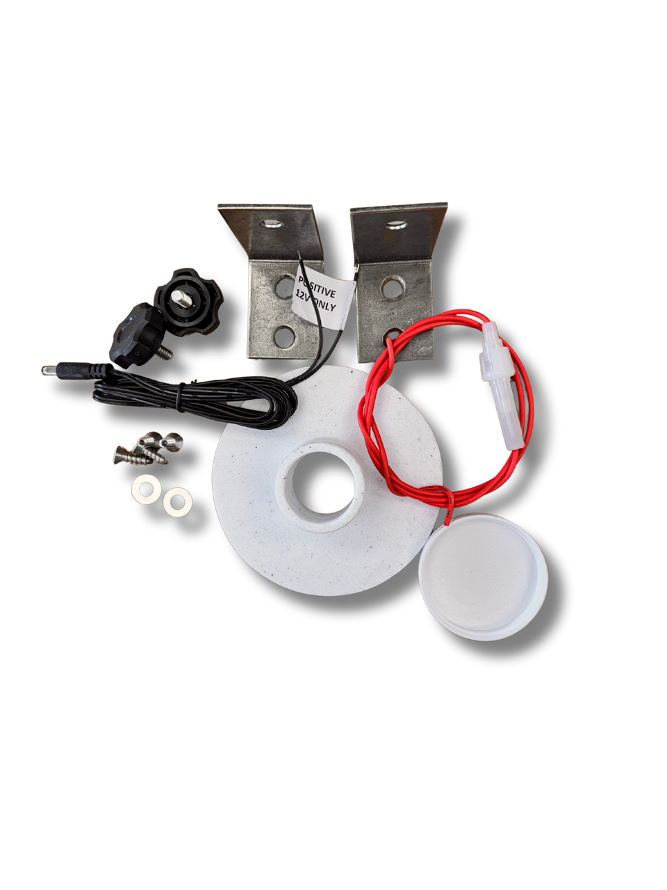 toilet components including a white plastic component, red wire, and metal brackets