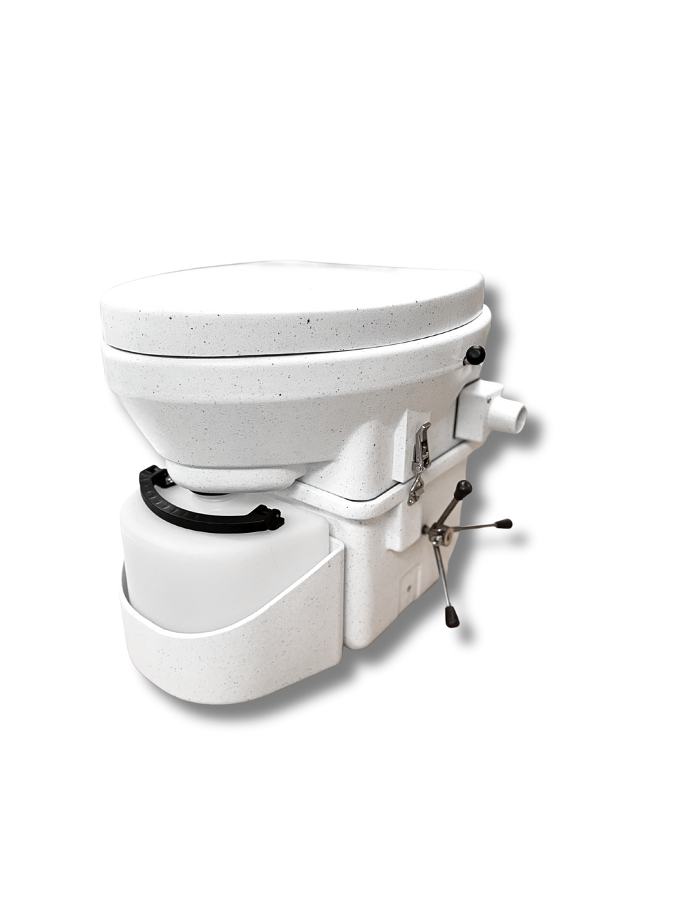 A side view of nature's head weekender self composting waterless toilet system