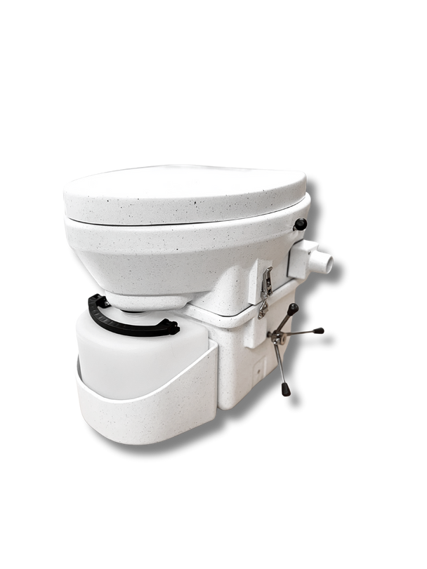 A side view of nature's head weekender self composting waterless toilet system