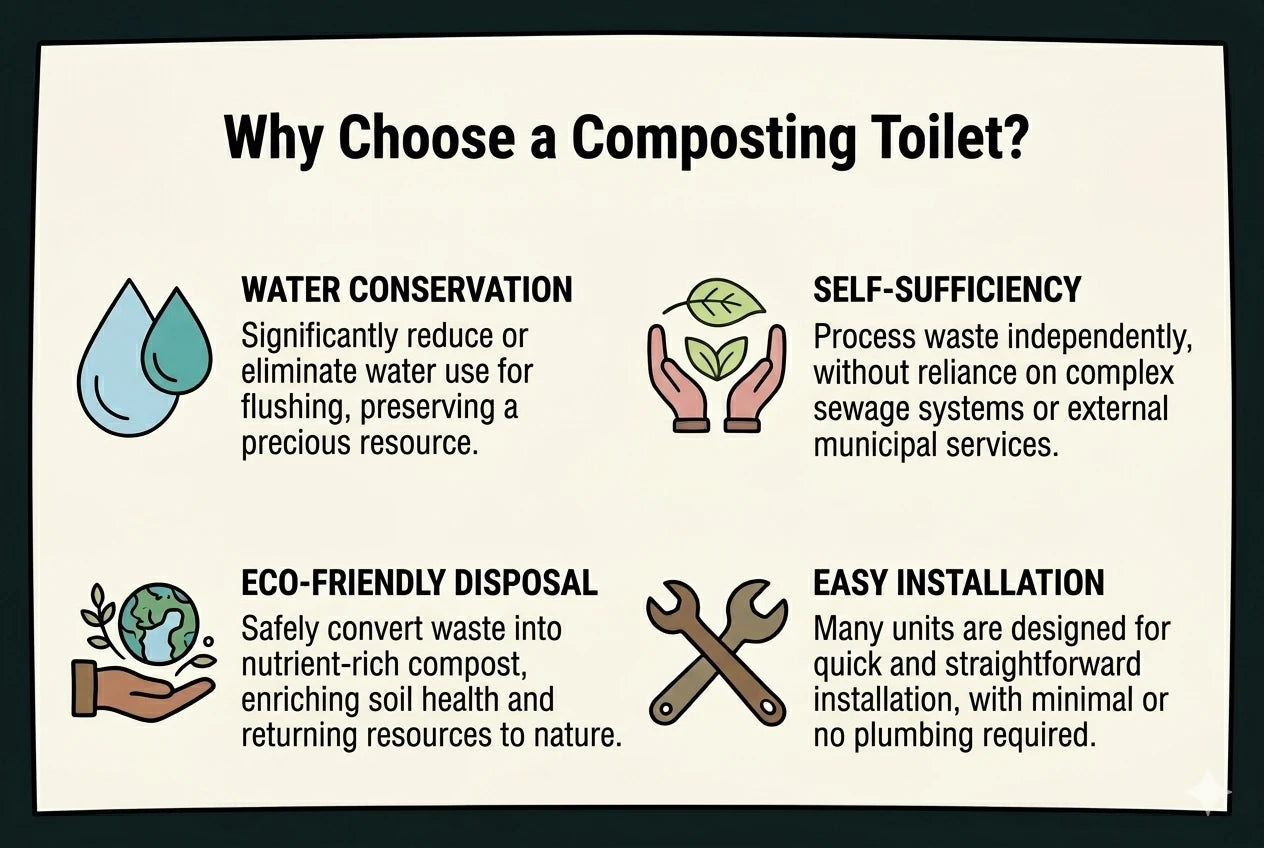 Infographic explaining benefits of choosing a composting toilet